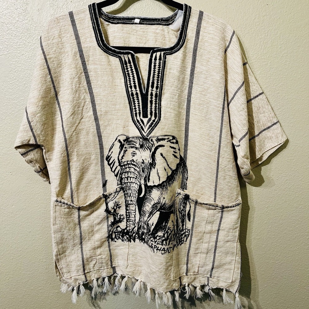 Handmade Kikoy Shirt Unisex African Elephant Print Beige‎ Cotton Artisan Size M